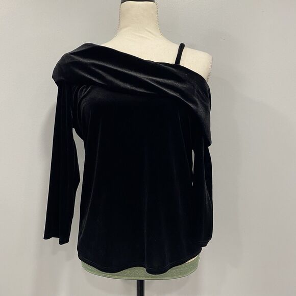 WAVERLY GREY S Black Velvet Off Shoulder Asymmetrical Blouse Whimsigoth Evening - Picture 1 of 15